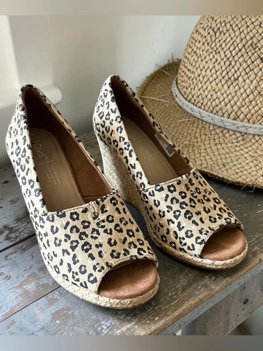 Toms Tan and Black Leopard Animal Print Wedge Peep Toe Sandals